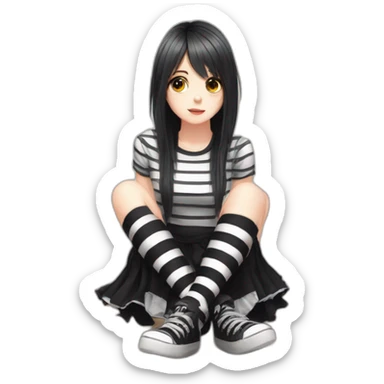 full body Front view emo girl sits on the floor black skirt torn striped stockings sticker