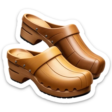 Cinematic Realistic Wooden Clogs Emoji, depicting the classic handcrafted footwear with a smooth, curved design and sturdy wooden soles, rendered with rich textures and warm, natural lighting. sticker