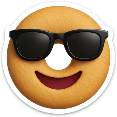 Make the dough a perfect circle with holes like a classic donut, add a textured surface, and use the same black sunglasses as the cool emoji on iPhone. Keep the background transparent. The style should resemble the iPhone emoji style with a clean and polished look. sticker