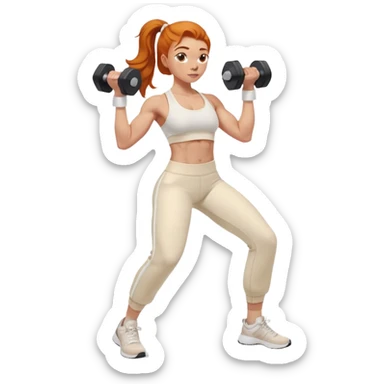 Ginger gym girl standing sideways with dumbbells and cream athleisure pants clothes sticker