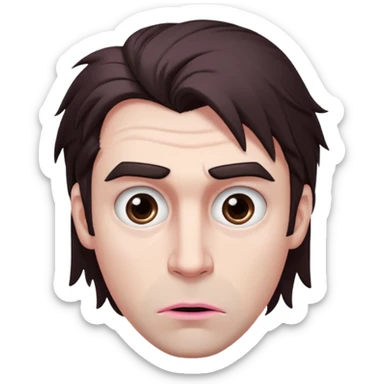 Handsome white man with big brown eyes thin pink lips long nose and dark brown messy hair cover his forhead eyes like a mad sticker