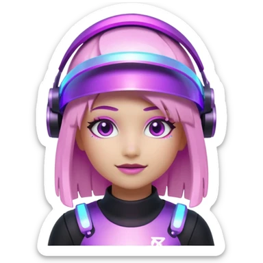 “Futuristic Roblox girl emoji, 2050 style. Pink-purple holo visor, light-strand hair, digital eyes sparkle, metallic pastel glow, neon aura background.” sticker
