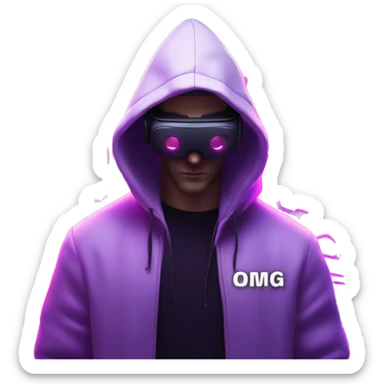 Russian man wearing a black hoodie with "OMG" letters on it and VR headset in a cyberpunk VR environment with violet neon lighting. sticker