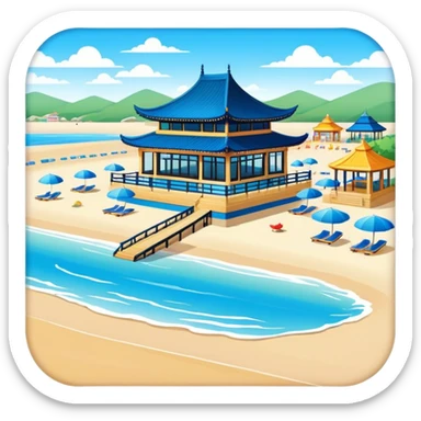 Beidaihe seaside resort beach with pavilion Hebei, simplified emoji style with bold outlines and bright colors, cartoon style beach with blue water sticker
