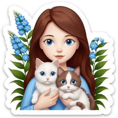 A woman with long dark auburn hair holding three white ragdoll cats in the flowers sticker