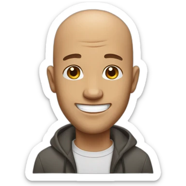 bald man with thin facial scruff and a big smile sticker