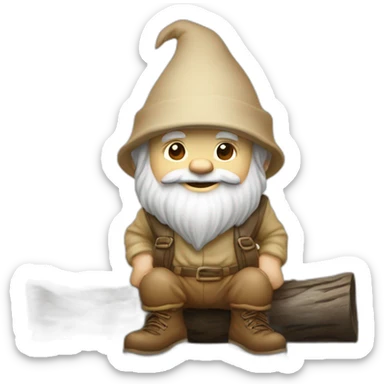 side angle of gnome with light tan pants and light tan boots squatting in front of small brown log sticker