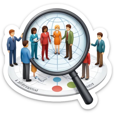 An icon featuring a group of diverse people, a social network diagram, and a magnifying glass, symbolizing sociology. The design includes charts and interconnected lines, representing the study of societies, relationships, and social behavior. Transparent background highlights social analysis. sticker