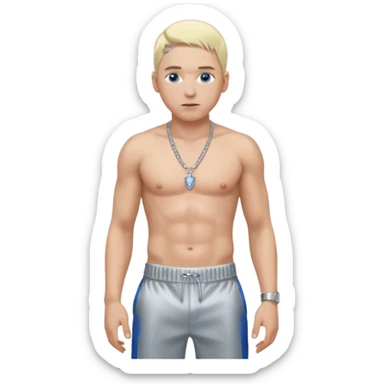 Eminem with blonde hair, shirtless with necklace, metallic silver pants, blue eyes sticker