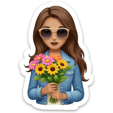 cool girl with long brown hair holding a bouquet of flowers, sunglasses, trendy sticker