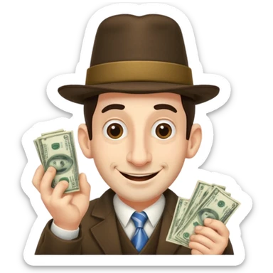 Jewish man with a big nose having his hands clenched together while smiling when he sees money , add the side curls and the funny hat  sticker