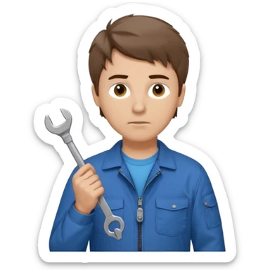 Calm and independent male technician, Caucasian features, short tousled brown hair, serious but composed expression, wearing a blue work jacket over a grey t-shirt, holding a wrench in one hand and a mechanical gear in the other, waist-up, front-facing sticker