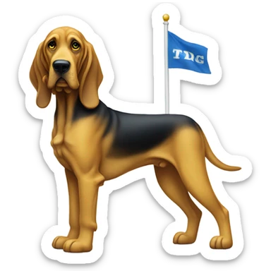 A Blue and yellow bloodhound dog standing erect on its hind legs with a white flag attached to its tail. sticker