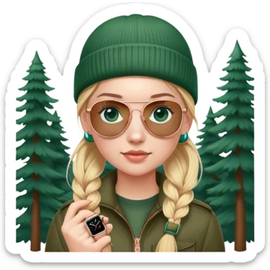 girl with pigtailed blond hair
with blue eyes and aviator sunglasses

wearing beanie
wearing (rose gold apple watch with forest green band) sticker