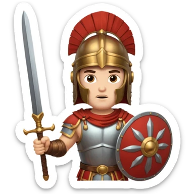 An emoji of the Roman god Mars. He is a warrior with a helmet and armor, holding a sword and shield, with a fierce expression. sticker
