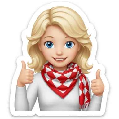 Blonde Girl, Blue Eyes, wavy hair, smiling, thumbs up, wearing red Checkered Triangle scarf, white dress sticker