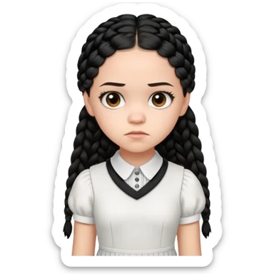 Draw Jenna Ortega with pale skin, black braids, white-collared dress & serious expression. sticker
