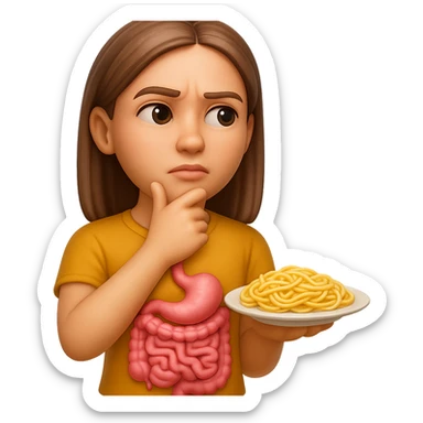donna che guarda pensierosa con intestino in evidenza un piatto di pasta, stile emoji iphone, iperrealistico 4k sticker