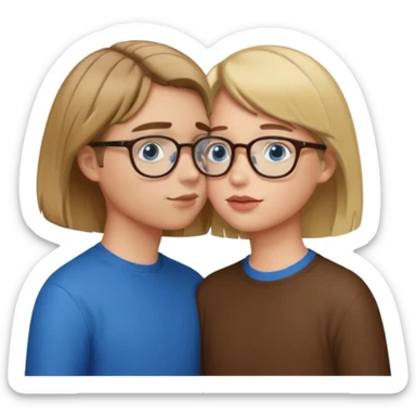 una ragazza con il caschetto marrone che bacia un ragazzo con i capelli biondi gli occhiali da vista e gli occhi azzurri sticker