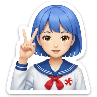 Energetic anime girl with short blue hair wearing Japanese sailor style school uniform, winking and making peace sign, kawaii style sticker
