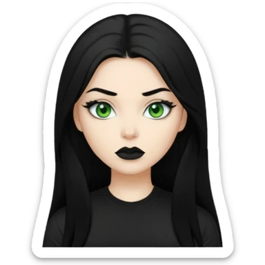 Black haired woman, green eyes, black lipstick, white skin, black t shirt, sharp face, long hair sticker