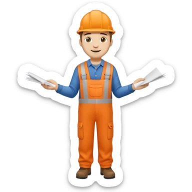 railway engineer full body in orange overalls, carrying one piece of paper with both hands in front of him sticker