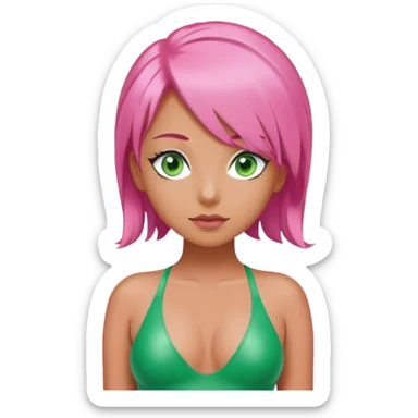 A woman in a latex swimsuit, with large breasts, also has pink hair and green eyes. sticker