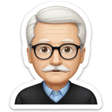 An elderly man with neatly combed white hair swept back, giving a tidy and classic look, and wears black rectangular glasses. His face is oval-shaped with  a small white mustache above his lips.d. sticker