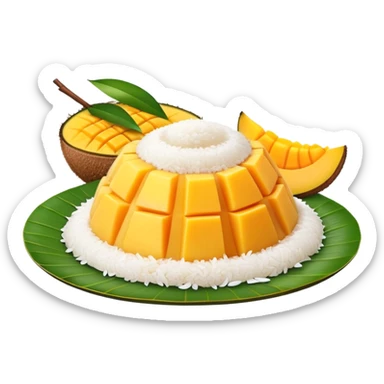 cinematic-realistic-mango-sticky-rice-dessert-emoji,-showcasing-sweet-sticky-rice out of a mould-paired-with-ripe-mango-slices-and-coconut-milk-rendered-with-lifelike-detail-and-warm,-inviting-lighting with the coconut  milk over the rice sticker