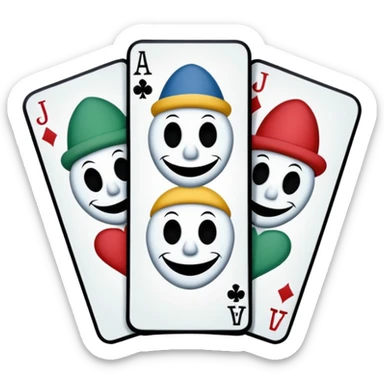 3 poker cards, with crazy colorful human jolly jokers inside, inversed face, cuphead style sticker