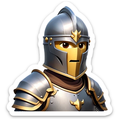 clash-of-clans-aesthetic_-cinematic-fearsome-and-majestic-knight-bust-portrait-emoji, rendered in a flat, vector-style with minimal shading and bold, simplified shapes, depicting a battle-ready medieval knight with steely eyes and intricate armor, mounted on a warhorse reflecting sunlight over a misty battlefield. sticker