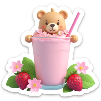 A strawberry milkshake cup with a straw, a cute bear peeking out, two strawberries with green leaves, and pink cherry blossom flowers, in 3D iOS style, pastel colors, soft shadows, clean and minimalistic design sticker