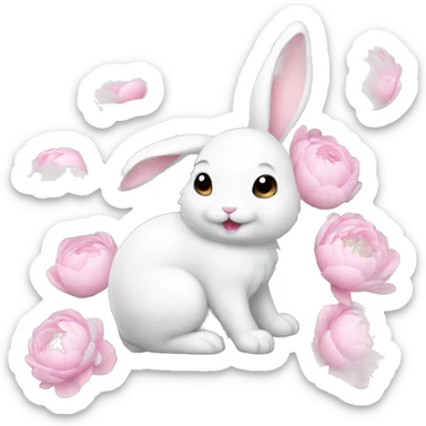 cute white bunny holding light pink peonies sticker
