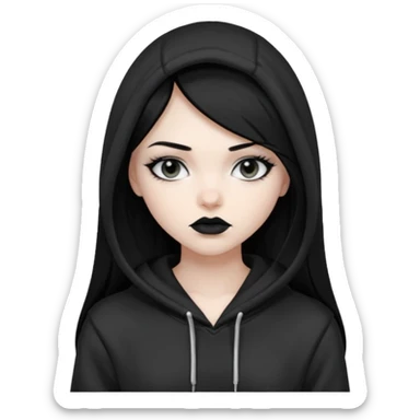 Black haired girl, silver eyes, black lipstick, white skin, black hoodie, sharp face, long hair, hoodie off sticker