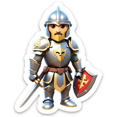 Clash of Clans aesthetic: Cinematic Playful Armored Knight Hero Emoji, rendered in a 3D vector-style similar to standard emojis with minimal shading and bold, simplified shapes. A compact, isometric warrior clad in gleaming plate armor with intricate heraldic details, softly glowing with a chivalrous medieval charm. Simplified yet unmistakably iconic, highly detailed and consistent, glowing with a soft radiant shine and high polish. Stylized with a touch of noble valor and a soft glowing outline, capturing the essence of a gallant knight ready for honorable battle with a friendly, playful manner! sticker