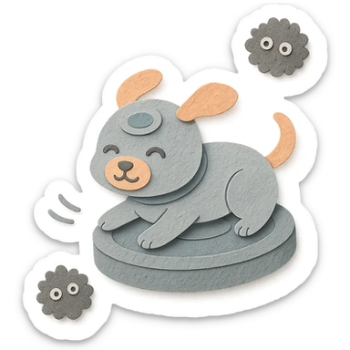cute vacuum robot puppy spinning and chasing dust bunnies, soft grey pastel, full-body sticker