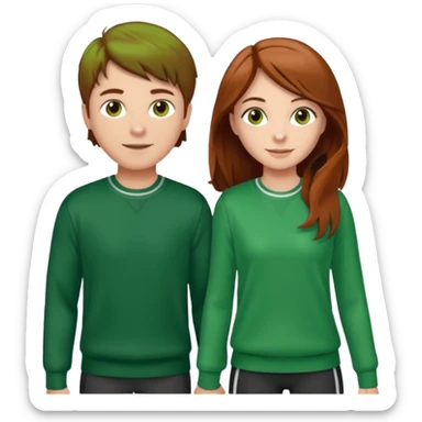 full-length happy couple, girl with long brown hair and hazel eyes in green sweater, boy with auburn hair in sportswear sticker