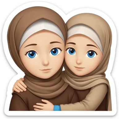Turkish beautiful finish Konya girl blue eyes with brown beige hijab islamic dress and hugs with big boy brother  sticker