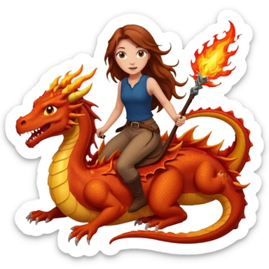 white girl with long brown hair and freckles riding a dragon breathing fire sticker
