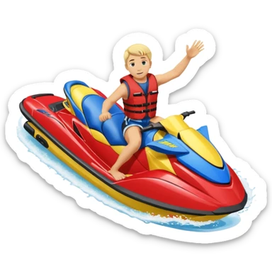Bad boy  blonde hair with a red live west on the  blue yellow JetSki doing a back flip sticker