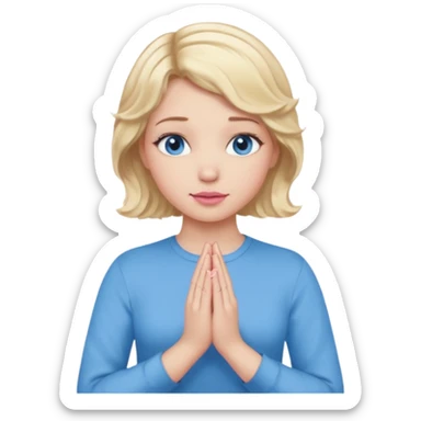 Girl Blonde short wavy hair,  blue eyes, cute blue top, long lashes, pink lips, praying hands sticker