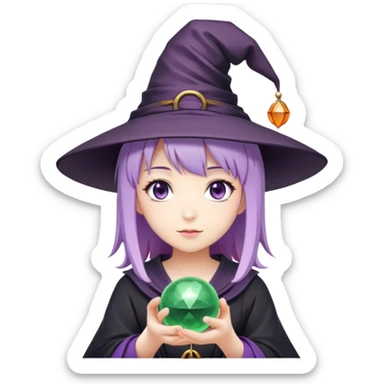 anime girl with lilac hair in a witch hat holding a fortune ball sticker