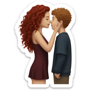 White girl with long burgundy hair kissing a white boy with curly short hair under a sky of star sticker