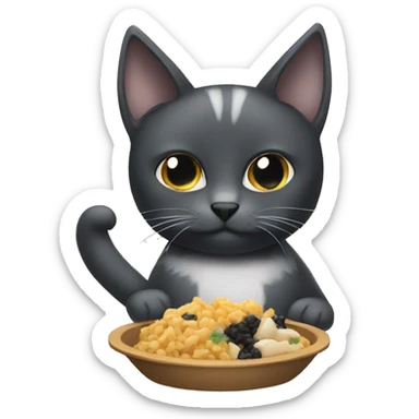 Gray and black cat eating food sticker