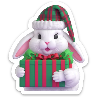 fluffy white angora rabbit wearing red and green plaid Christmas hat held in hands sticker