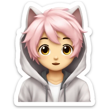 Cute Kawaii Beautiful Gorgeous Sparkly Shiny Blushing Anime Style Romantic Shojo Catboy Man Guy Femboy With Pretty Hair And Hoodie Trendy Style Outside sticker
