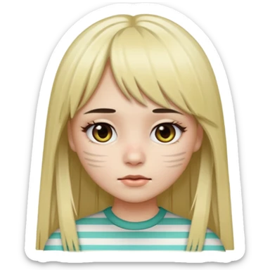Girl with long straight dark brown hair and blonde striped streaks, with bangs. Light skin and dark eyes. Turn her into a cute zombie version — pale greenish skin, dark eyes, small wounds under eyes, keep her hair and mechas the same, emoji-style. sticker