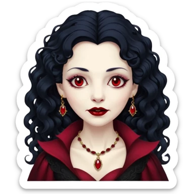 old Vampire lady Pale queen with ruby necklace, curly black long hair sticker