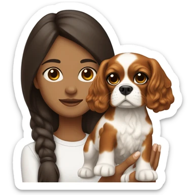 Brunette girl with white skin holding a tricolour cavalier king charles spaniel  sticker