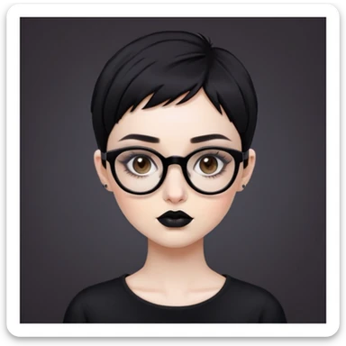 Girl with palw skin, with short black pixi hair cut, brown eyes with eyeliner, dark brown eyebrows, black lips, with big black squadre glasses, septum at nose, black clothes. sticker